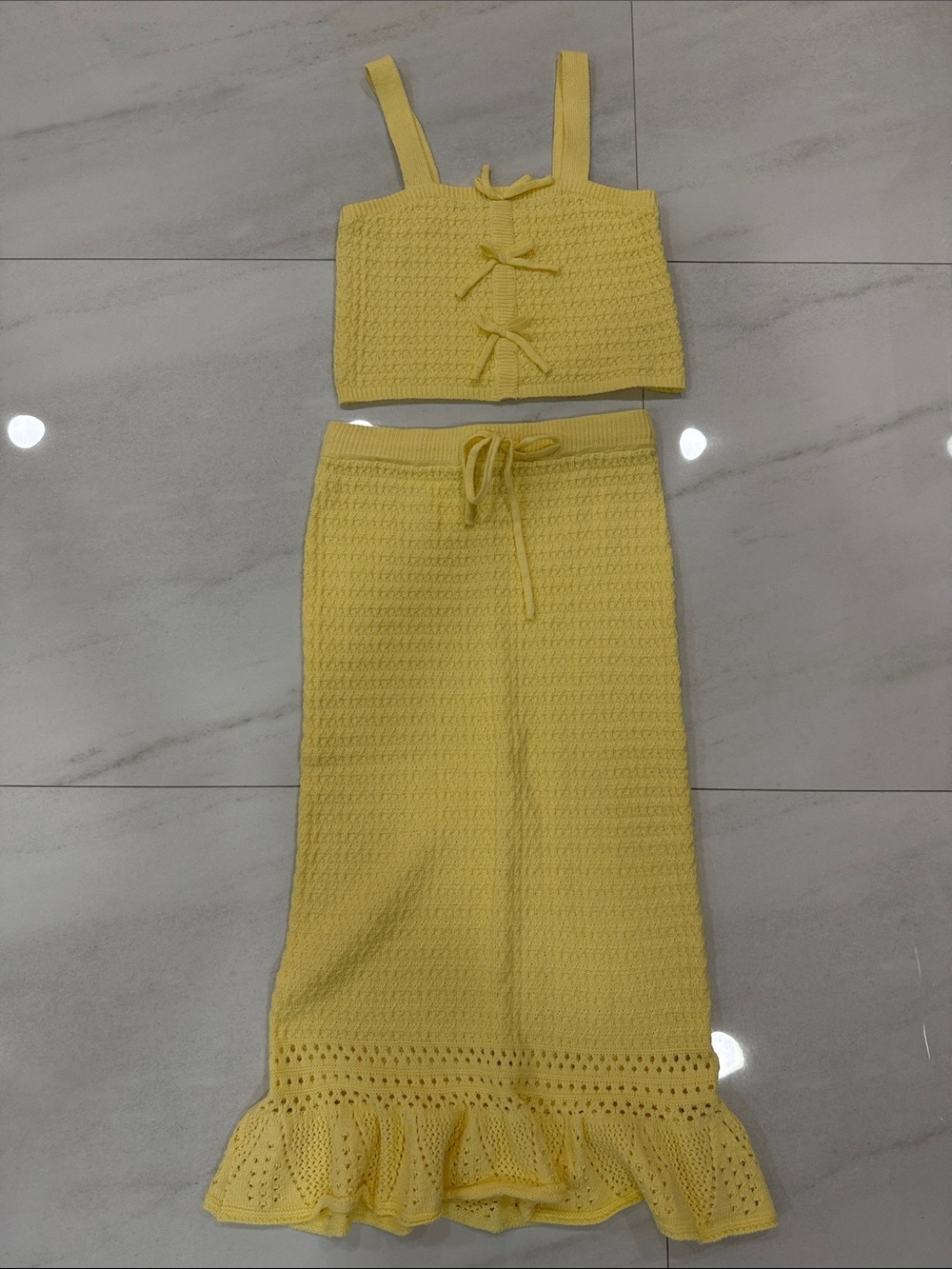 Madden NYC Light Yellow Knit Two-Piece Crop Top & Maxi Skirt Set